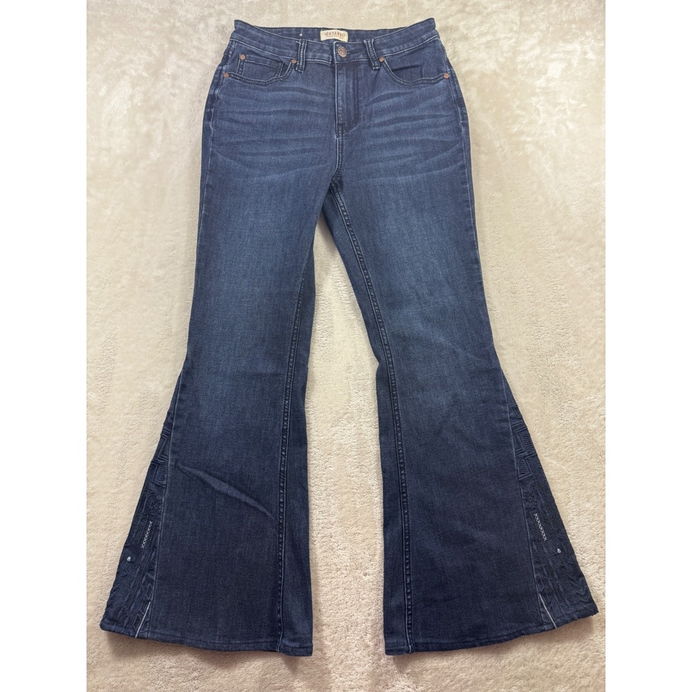 Shyanne Womens Flare Embroidered Dark Wash Jeans 30 Regular Meas: 27x28.5 HEMMED